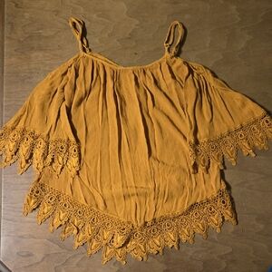 Buckle Mustard Crochet-Trim Cold Shoulder Camisole